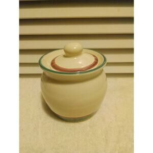 Pfaltzgraff Juniper Green beige green mauve rim stoneware sugar bowl with lid